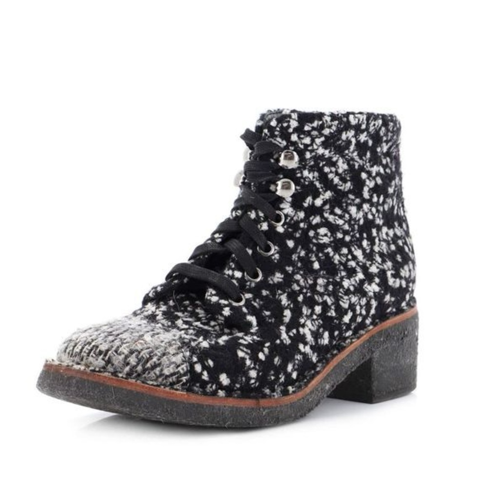 CHANEL Black and White Lace Up Boots with Artistic Design